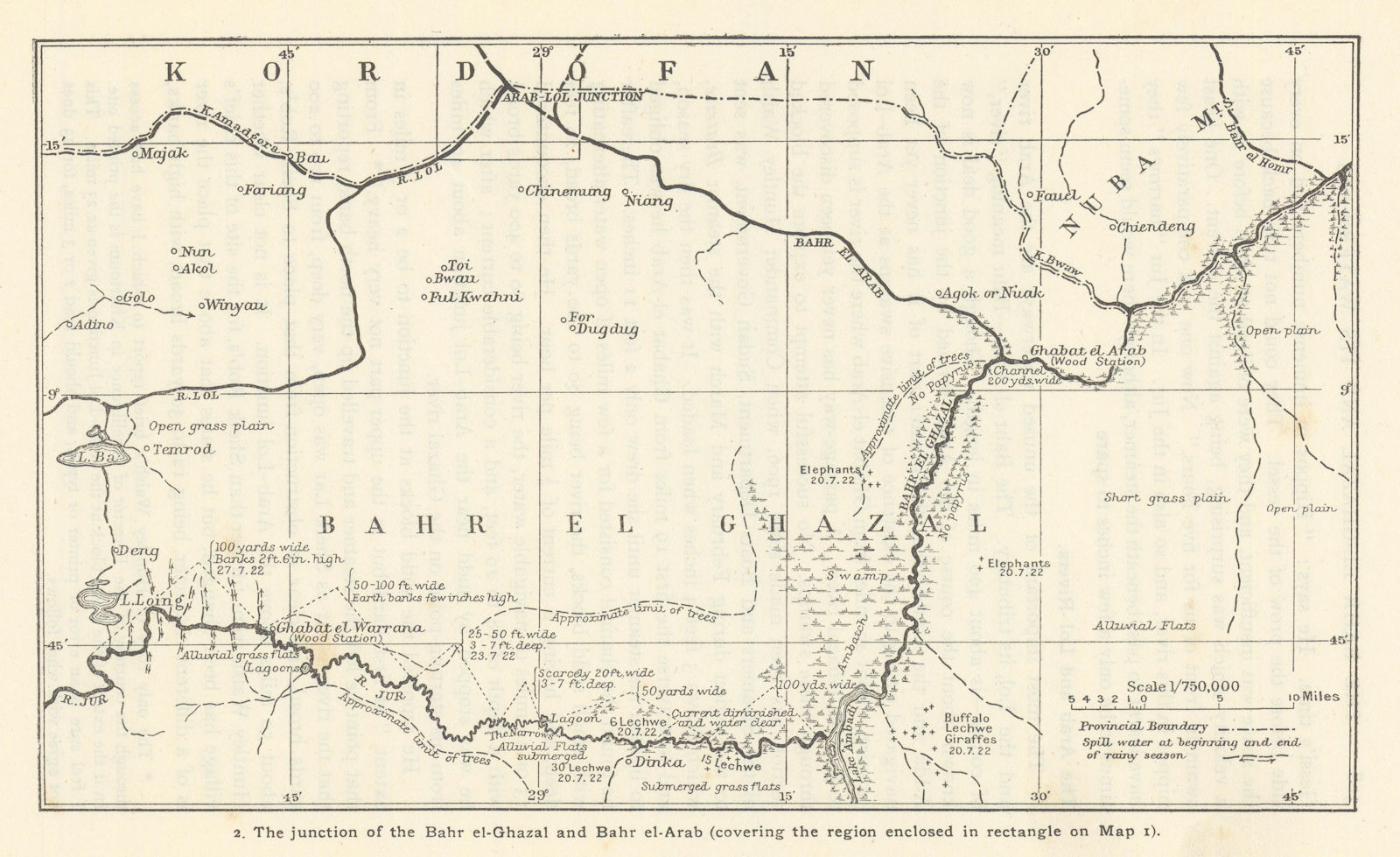 The junction of the Bahr el-Ghazal and Bahr el-Arab. South Sudan. RGS 1923 map