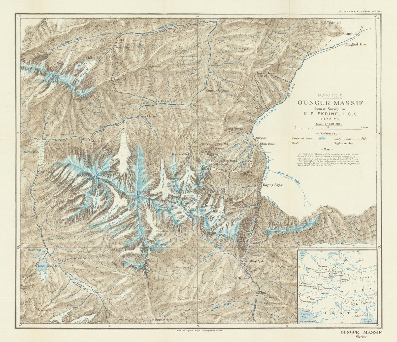 Eastern Pamirs. Qungur/Kongur Massif, Xinjiang, China. RGS/C. P. Skrine 1925 map