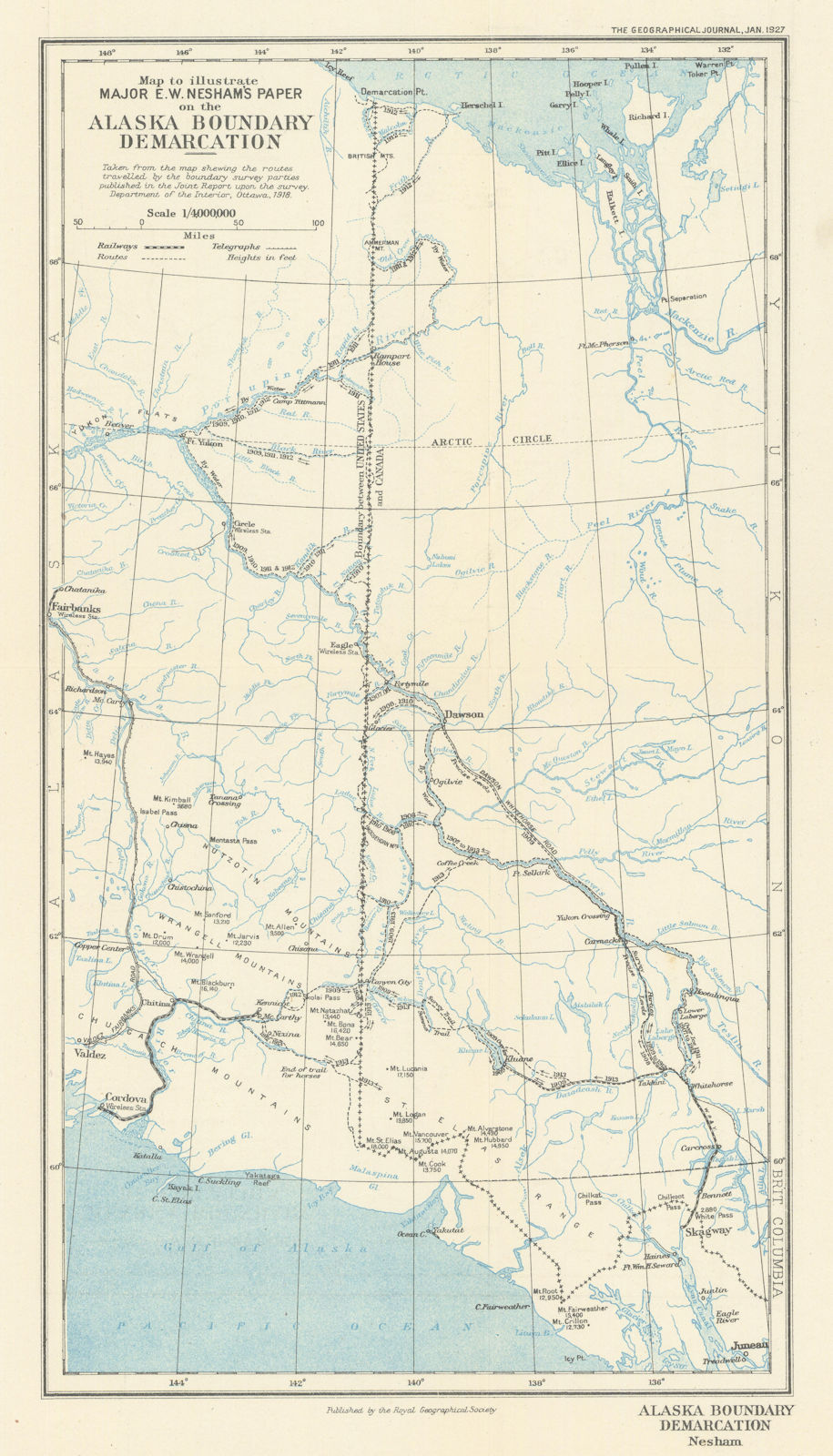 Alaska Boundary Demarcation. Yukon, Canada. RGS/Major E. W. Nesham 1927 map