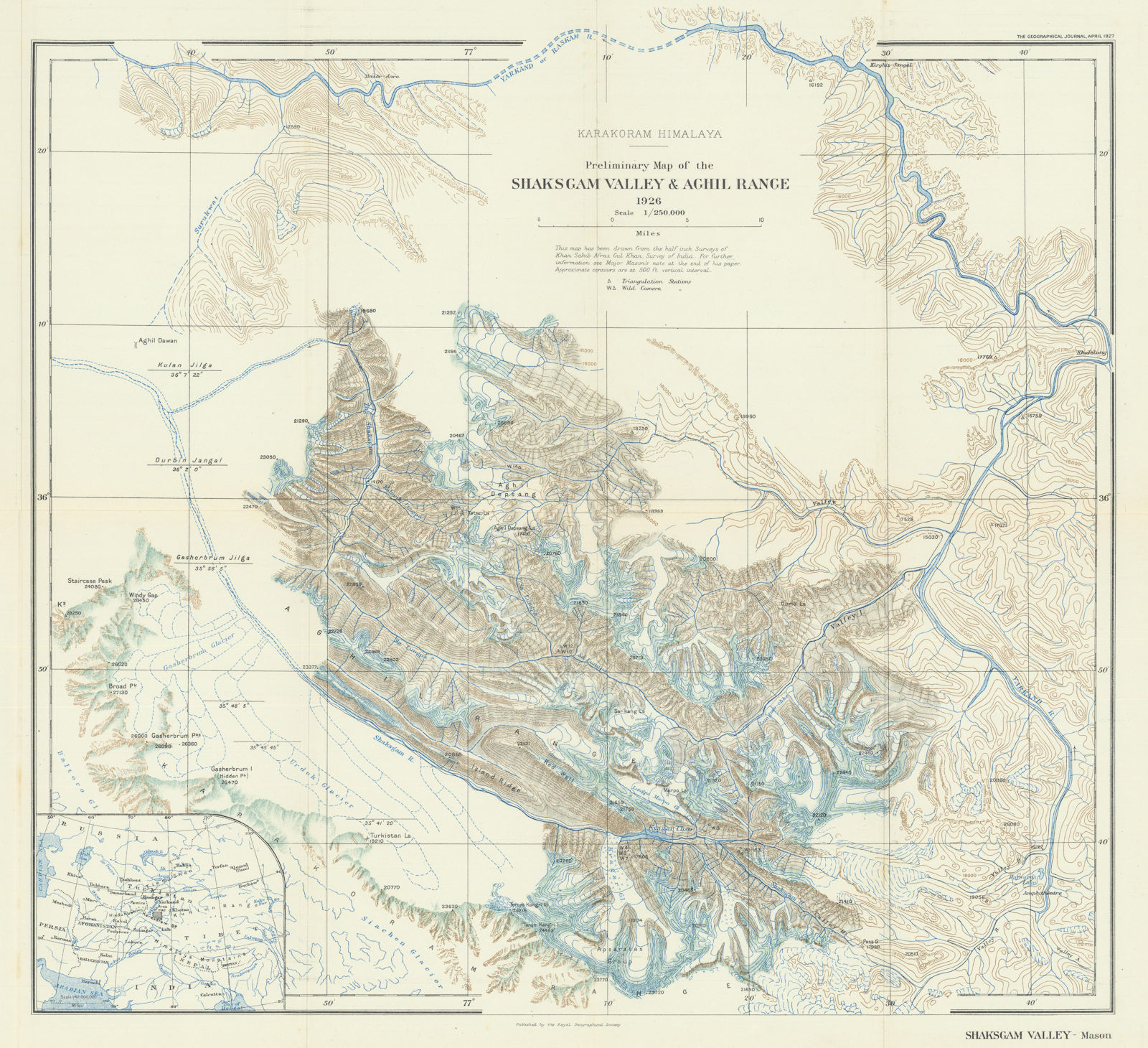 Karakoram Himalaya. Shaksgam Valley & Aghil Range. China Pakistan. RGS 1927 map