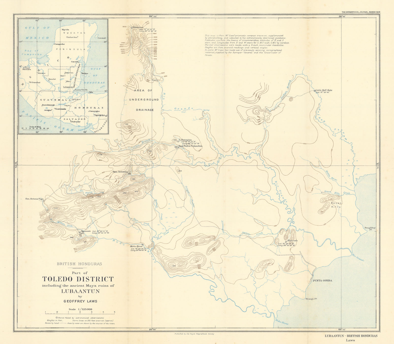 Belize/British Honduras Toledo District Lubaantun Mayan ruins. RGS/Laws 1928 map