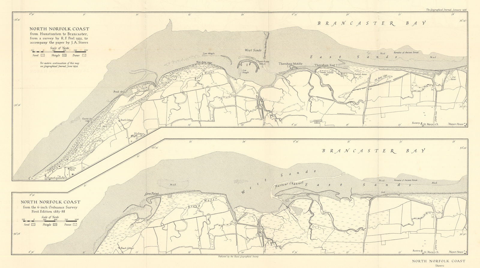 North Norfolk Coast. Hunstanton-Brancaster. Peel 1935 & OS 1883-88. RGS 1936 map