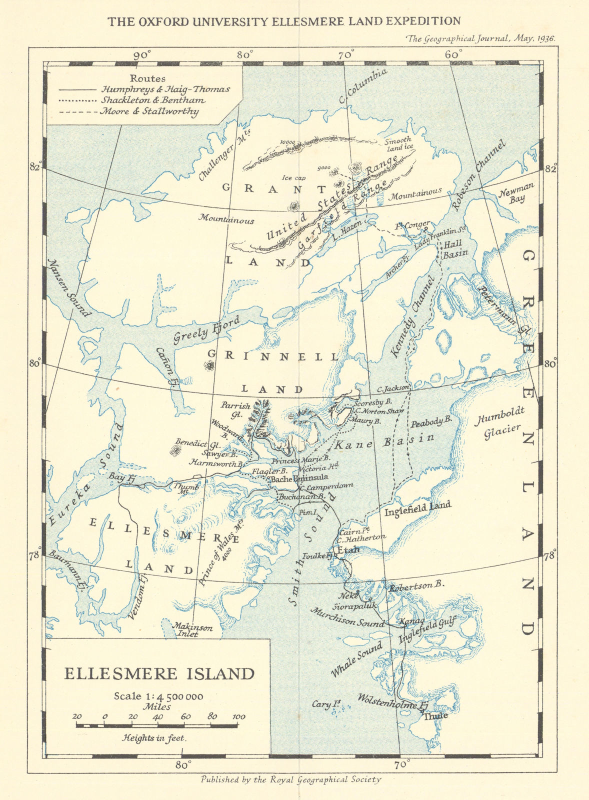 The Oxford University Ellesmere Land Expedition. Canada Greenland. RGS 1936 map