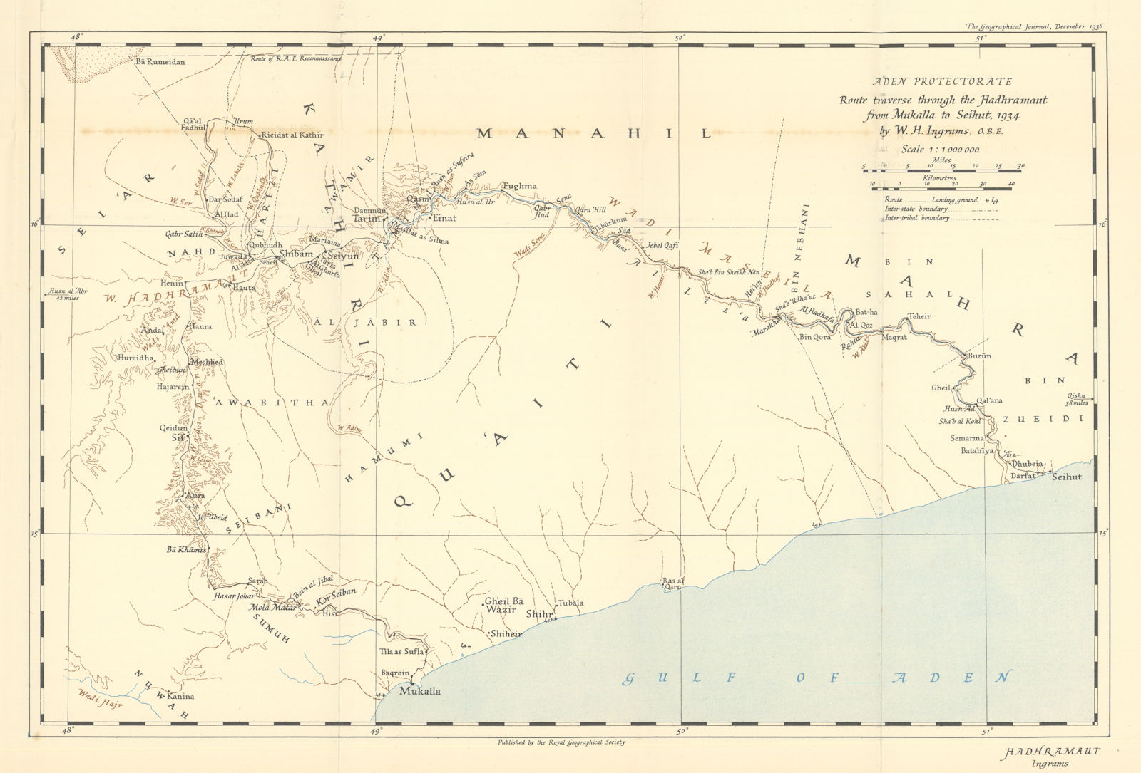 Aden Protectorate. Hadhramaut route from Mukalla to Seiyun. RGS/Ingrams 1936 map