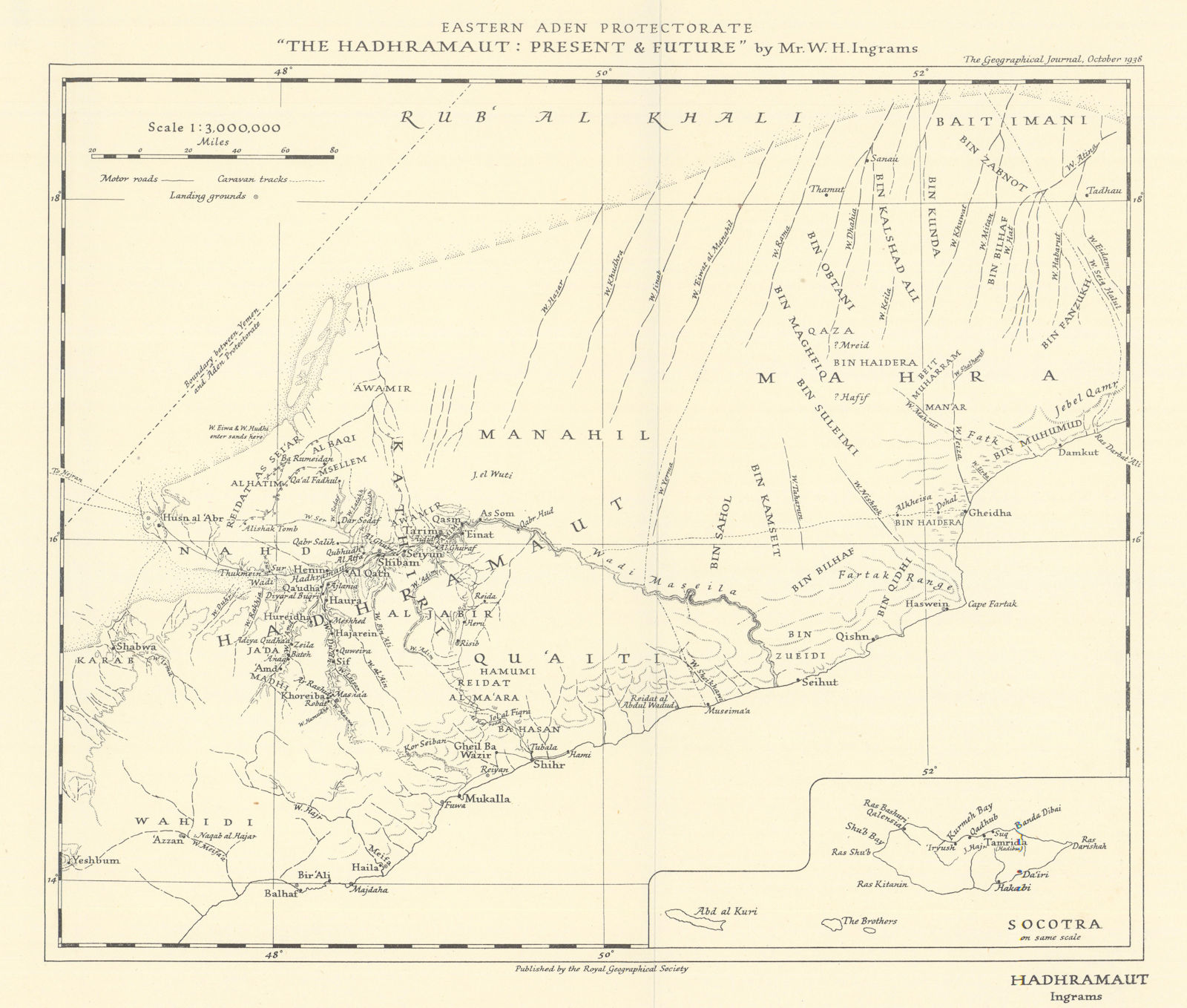 Eastern Aden Protectorate. Hadhramaut. Yemen. RGS/William H. Ingrams 1938 map