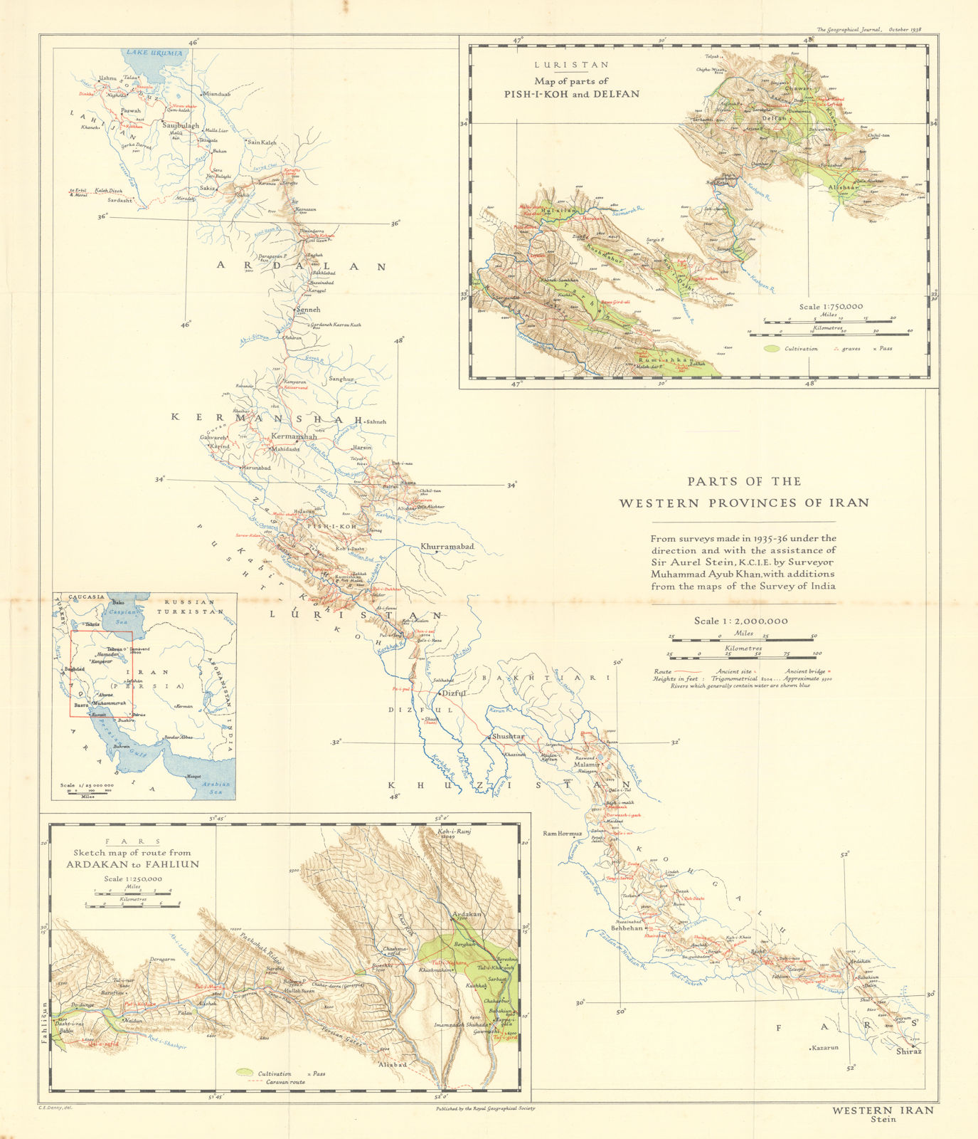 Western Iran. Luristan Ardakan Kermanshah Chiraz. RGS/Aurel Stein 1938 old map