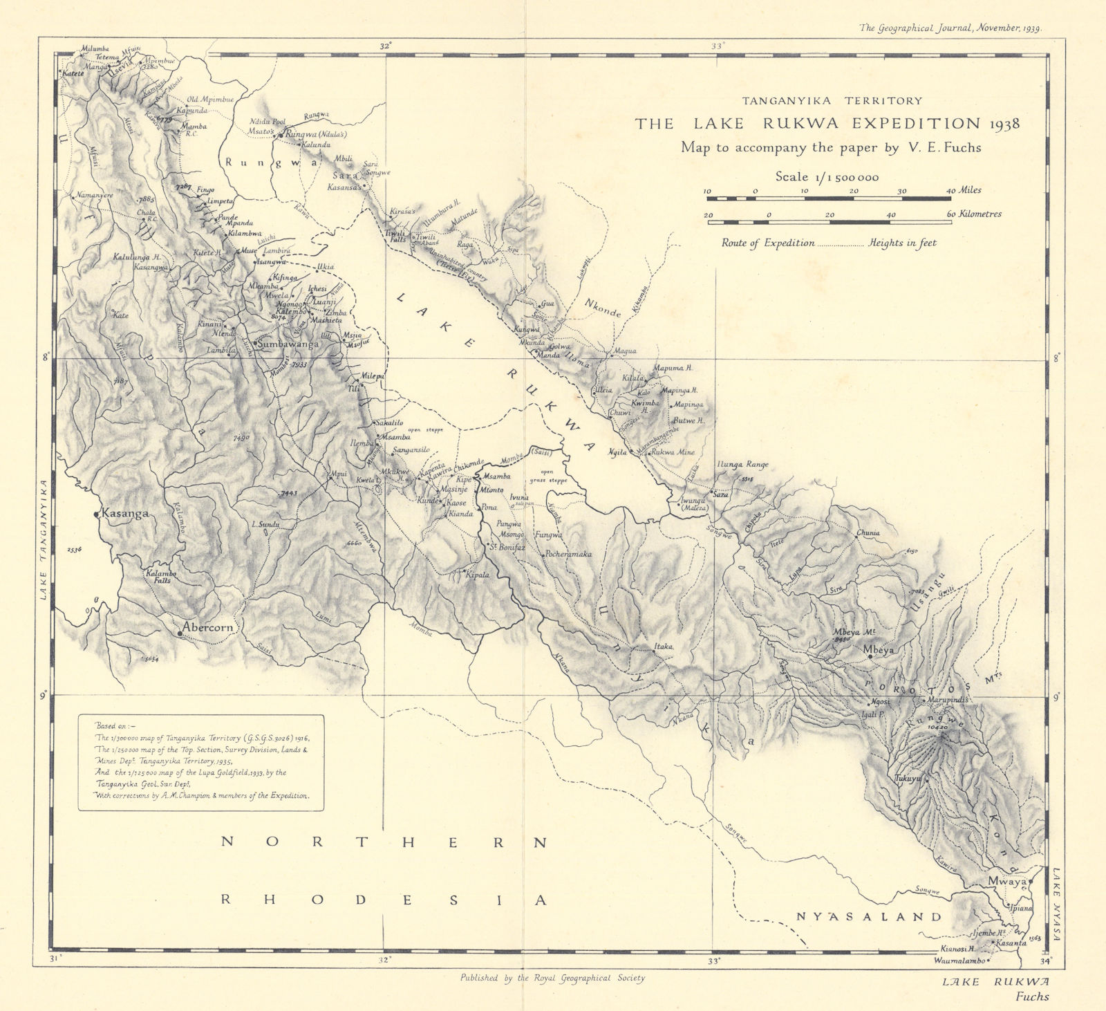 Tanganyika Territory. Lake Rukwa Expedition 1938. Tanzania. RGS/Fuchs 1939 map