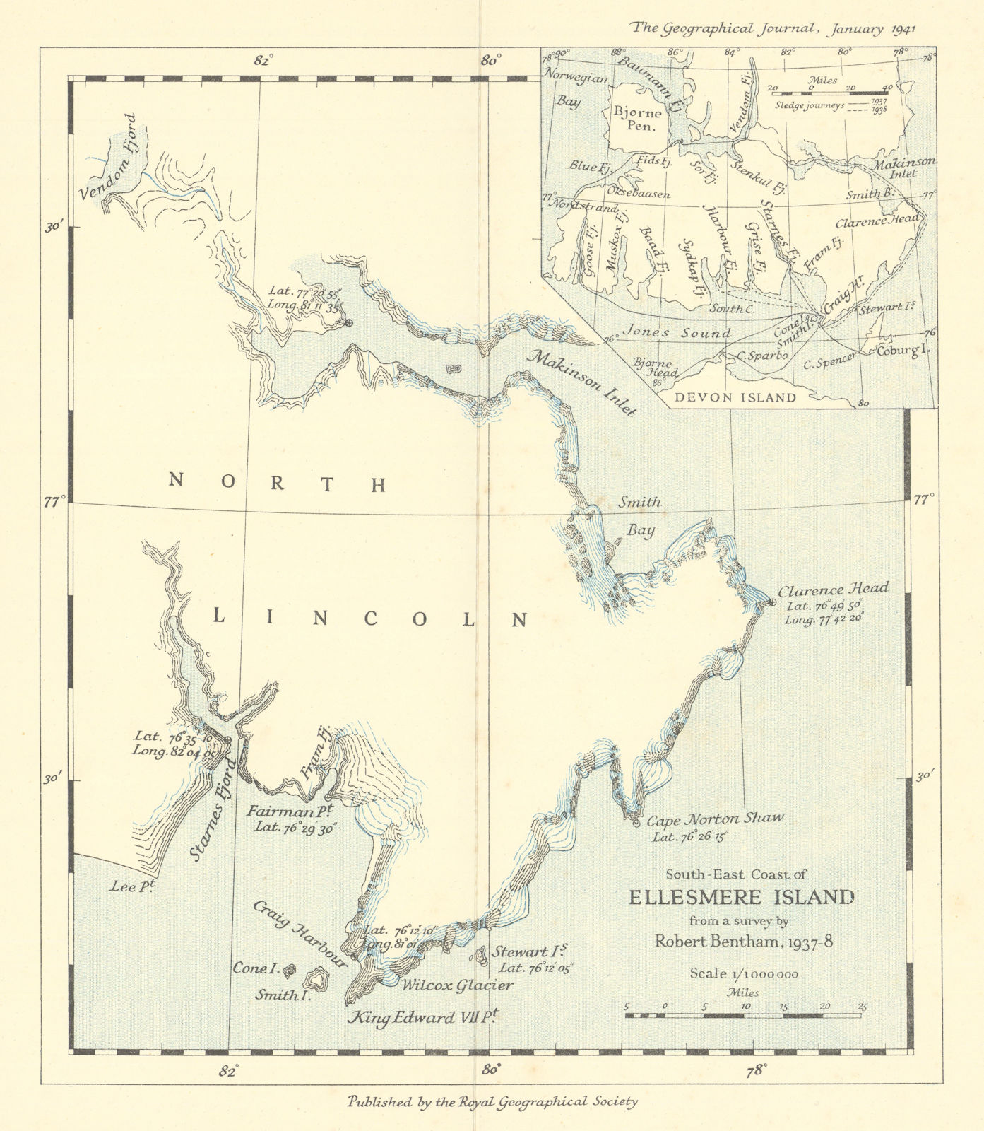 Ellesmere Island SE coast 1937-8. Canadian Arctic. RGS/Robert Bentham 1941 map