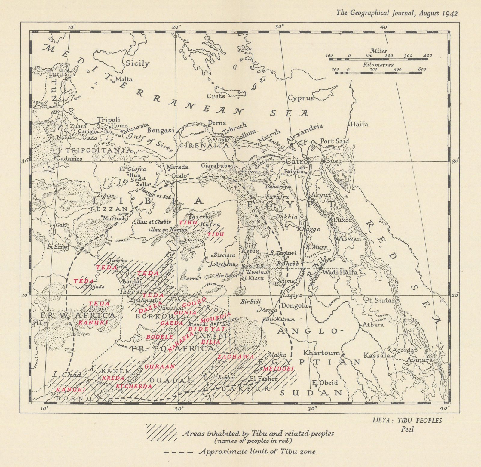 Areas inhabited by Toubou/Tubu people. Chad Niger Libya. RGS/R.F. Peel 1942 map