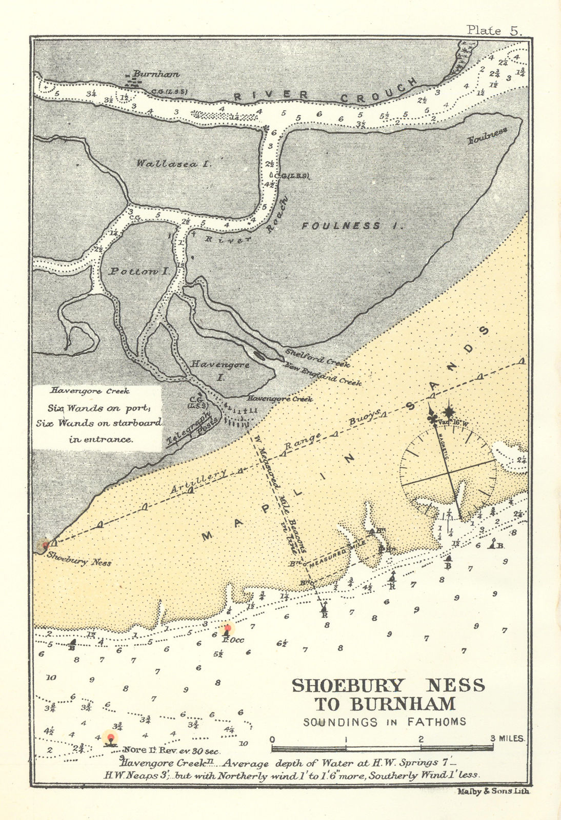 Shoeburyness to Burnham nautical sailing sea chart. Maplin Sands. Essex 1903