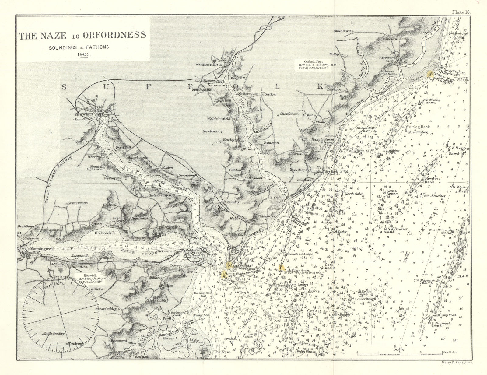 The Naze to Orford Ness nautical sailing sea chart Suffolk/Essex 1903 old map