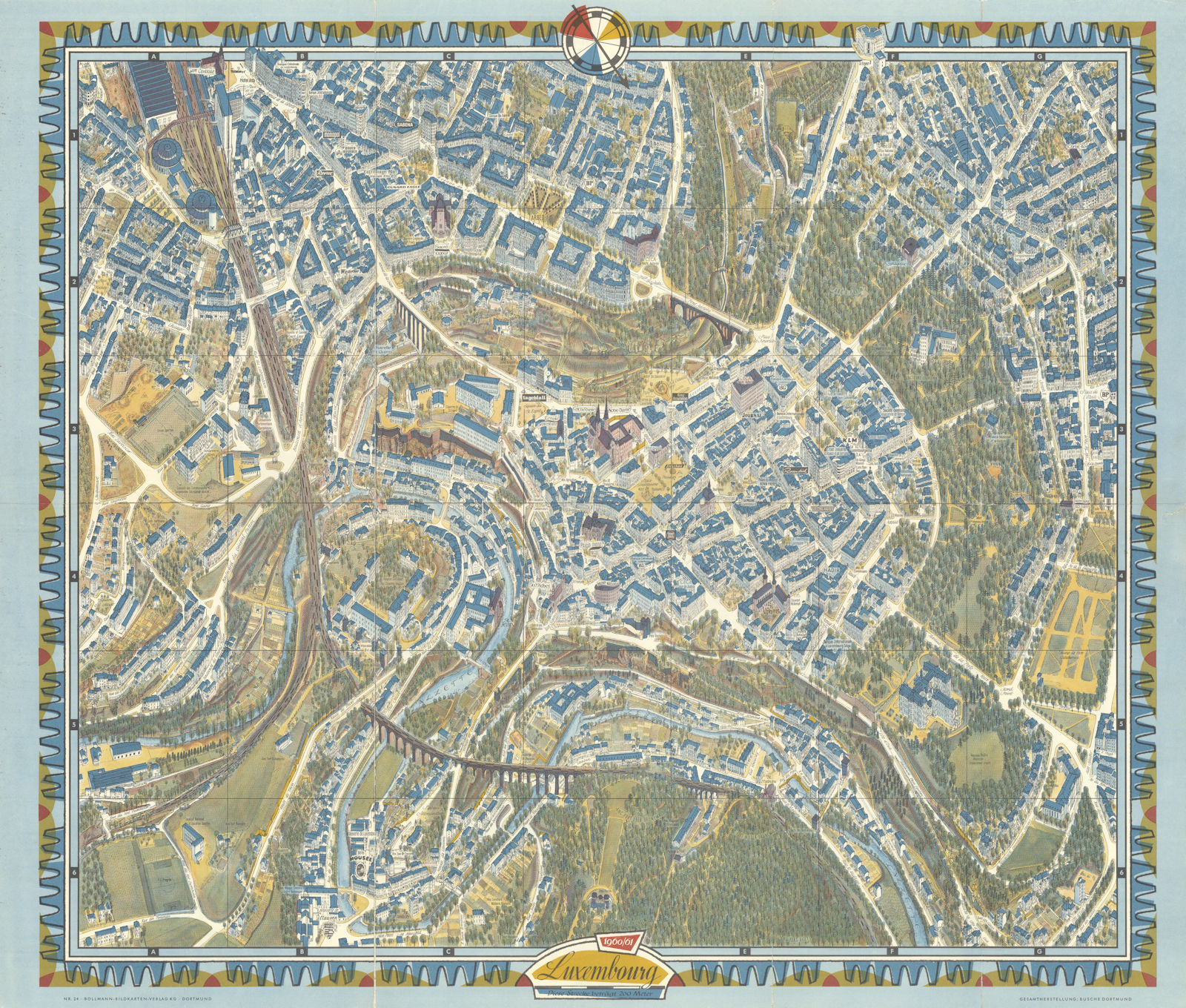 Luxembourg Luxemburg pictorial bird's eye view city plan. #24 BOLLMANN 1960 map