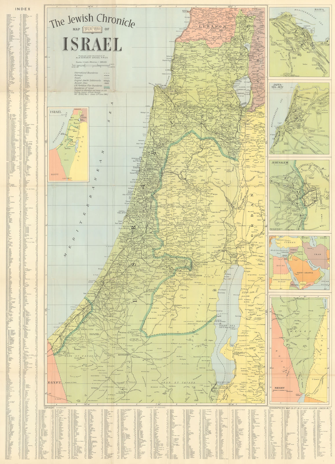 Jewish Chronicle map of Israel showing its initial post-Armistice borders 1949