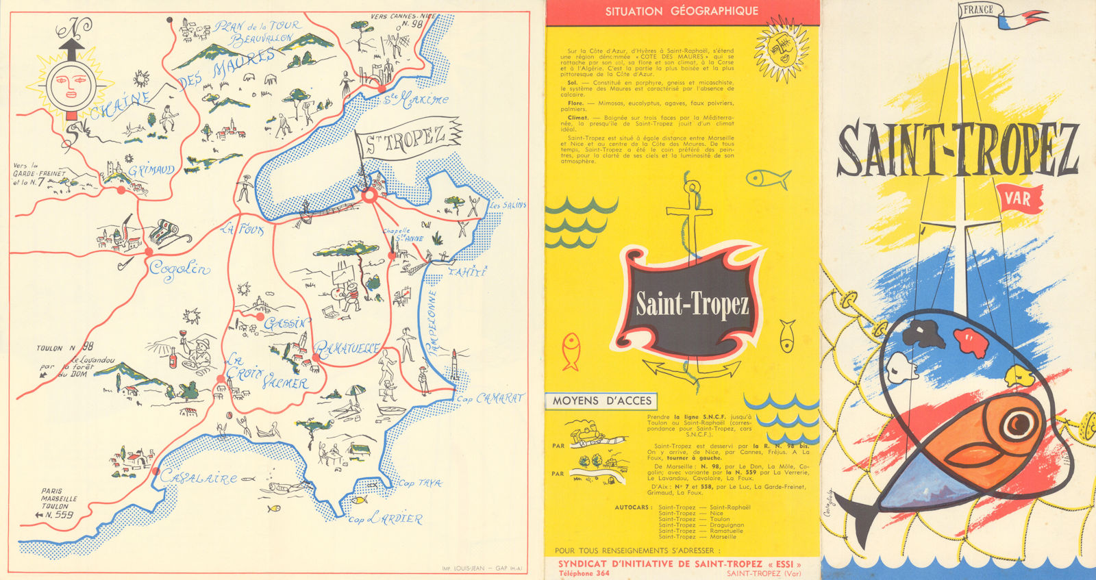 Saint-Tropez - Var - Côte d'Azur - folding tourist brochure c1955 map