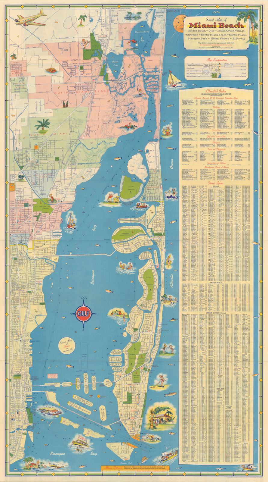 Miami Beach Info-Map/Street Map by Rand McNally for Gulf Oil 1941 old