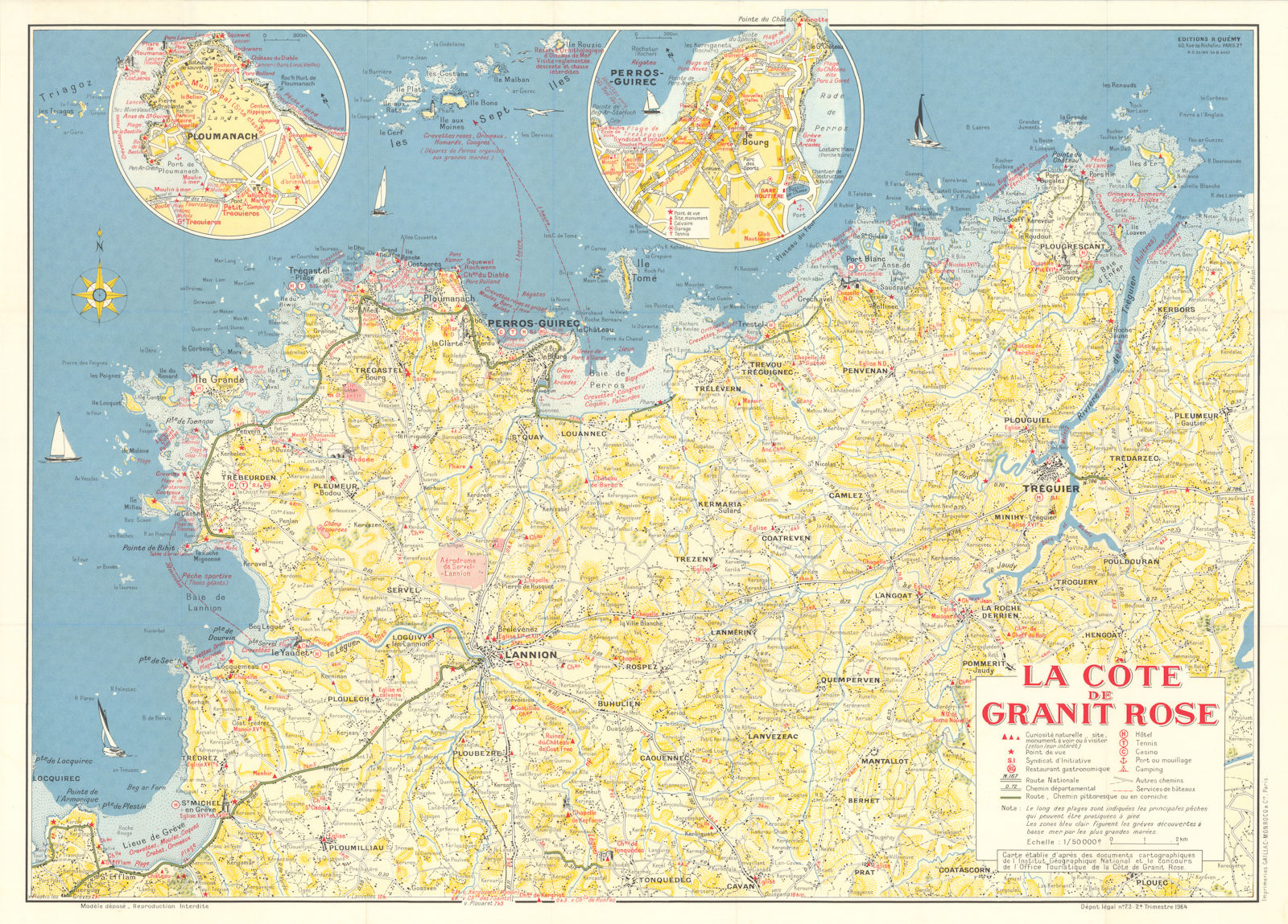 Carte Touristique de La Côte de Granit Rose. Côtes d'Armor. Quémy 1964 old map