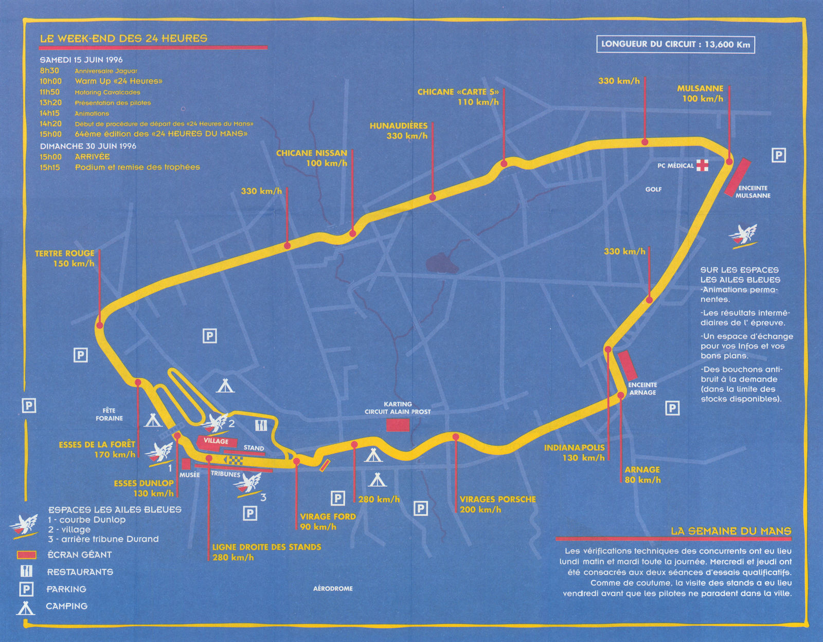 Le Mans weekend des 24 heures. Motorsport visitor circuit de la Sarthe 1996 map