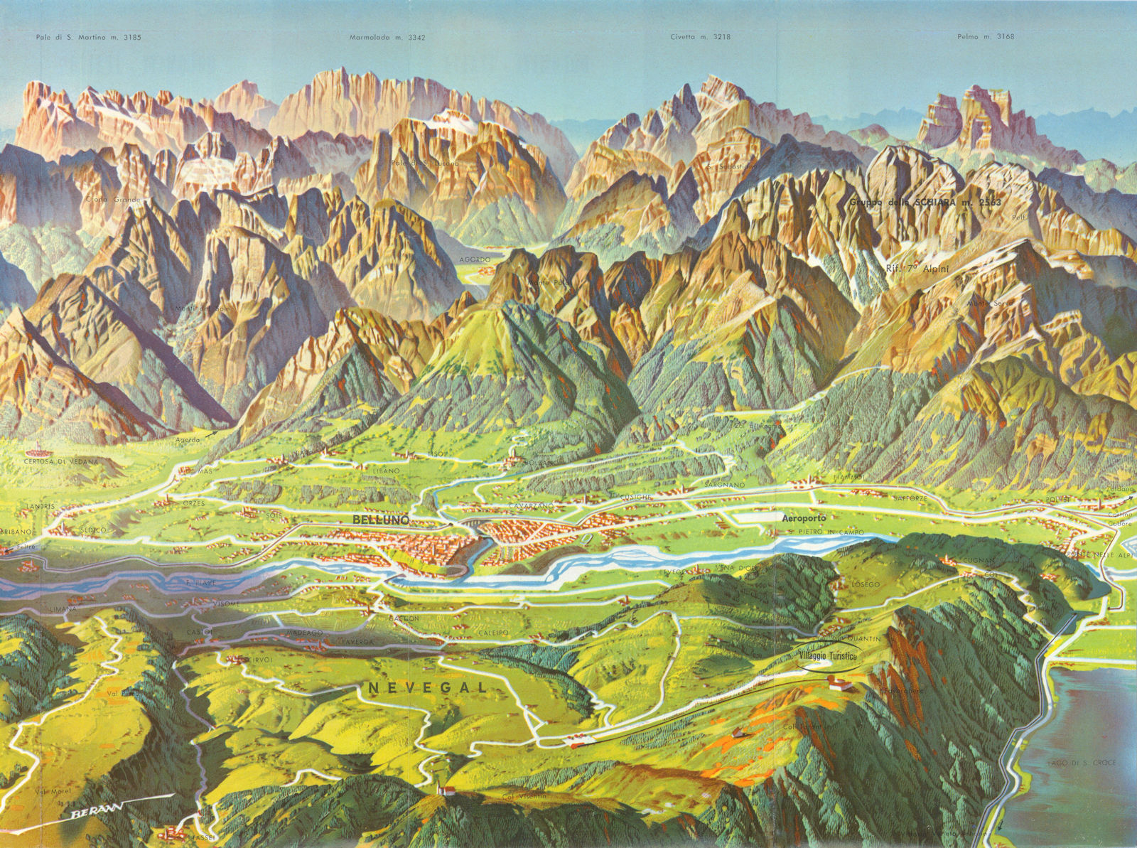 Belluno - Nevegal panoramic bird's eye view map by Heinrich Berann c1956