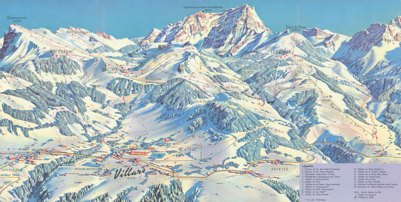 Villars Chesières panoramic bird's eye view & ski trail piste map c1965