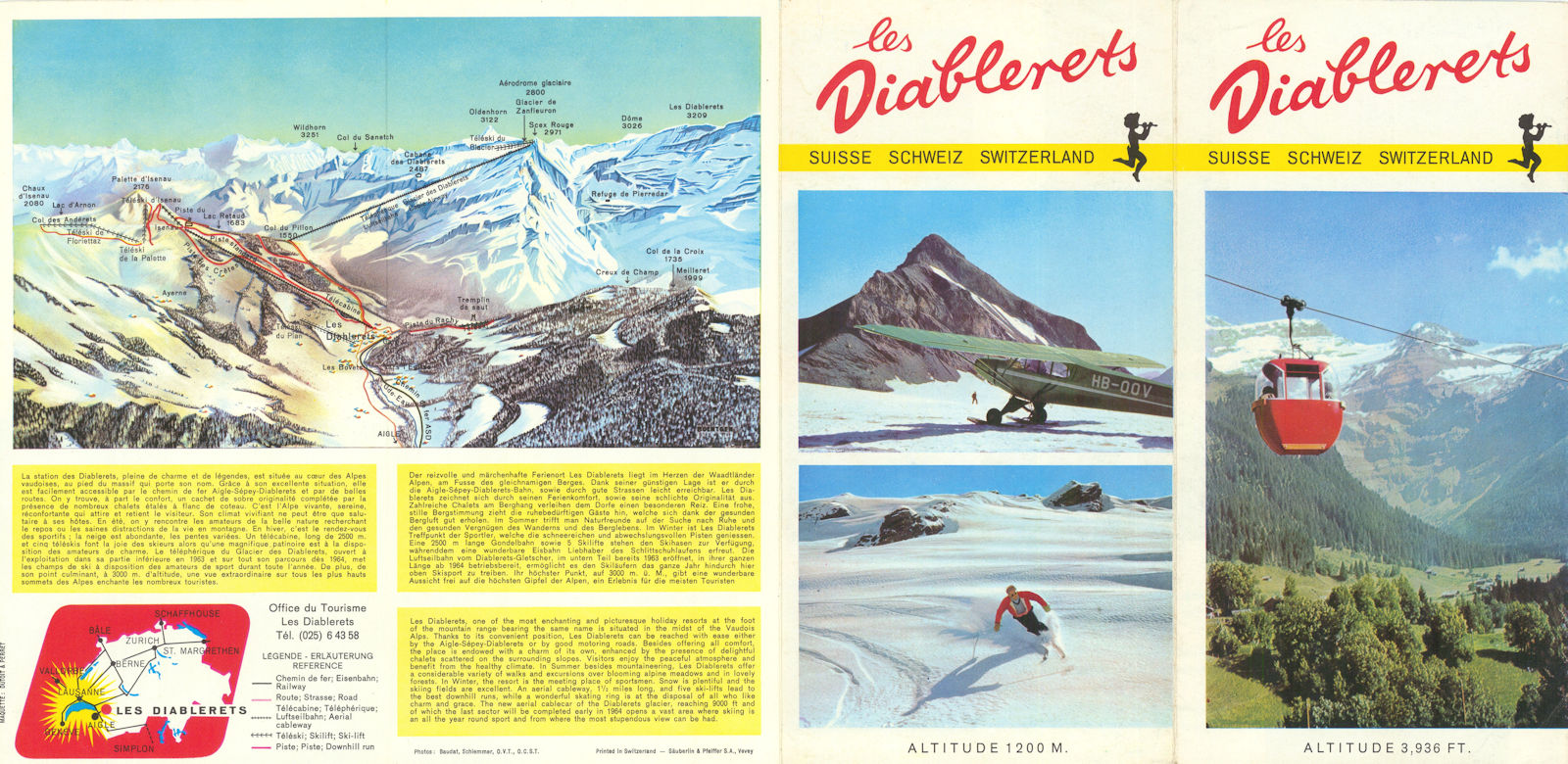 Les Diablerets ski panorama piste/trail map & tourist brochure Switzerland c1965