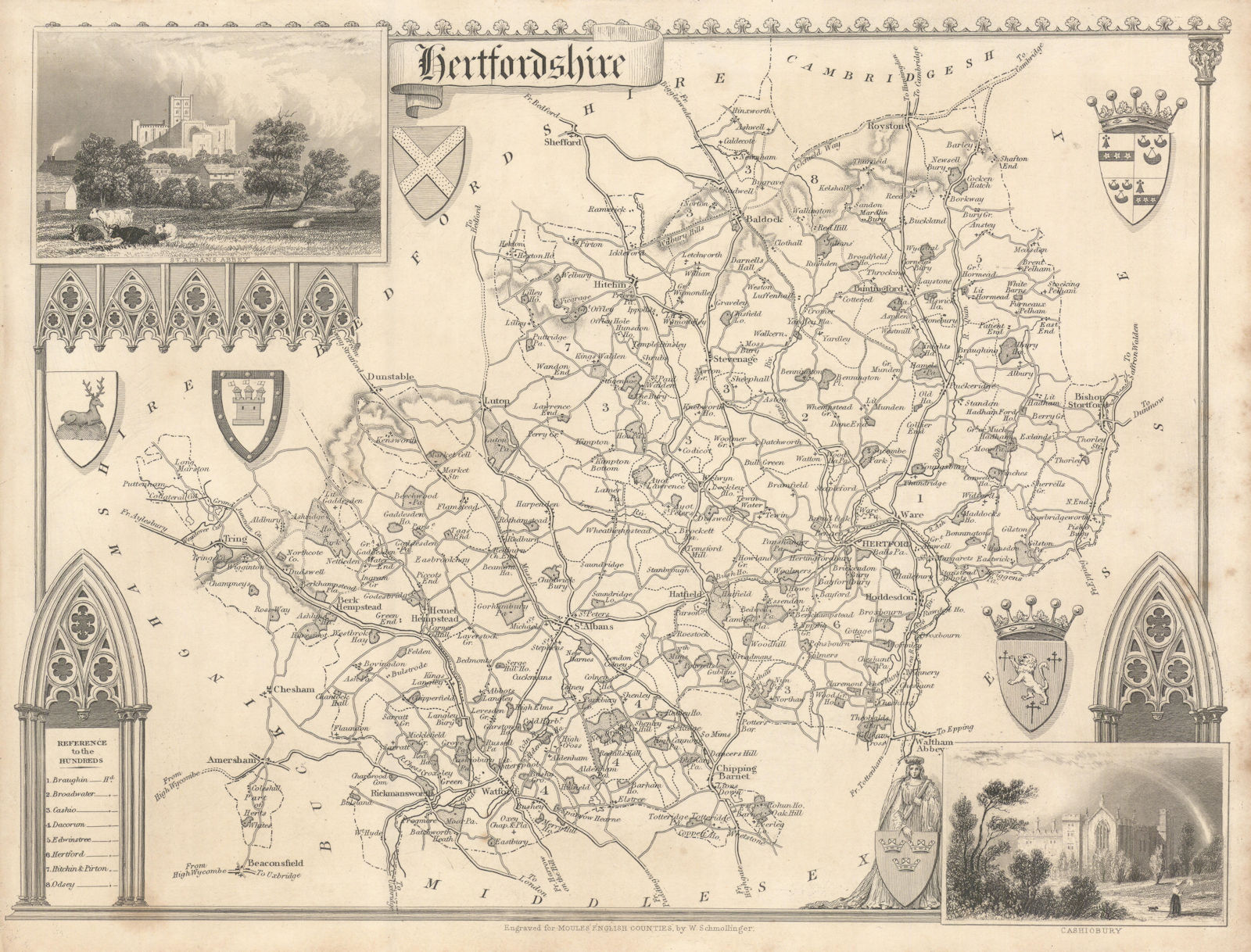 Hertfordshire antique county map by Thomas Moule 1837 old chart