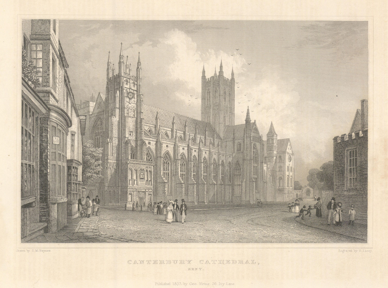 View of Canterbury Cathedral, Kent by Thomas Moule 1837 old antique print