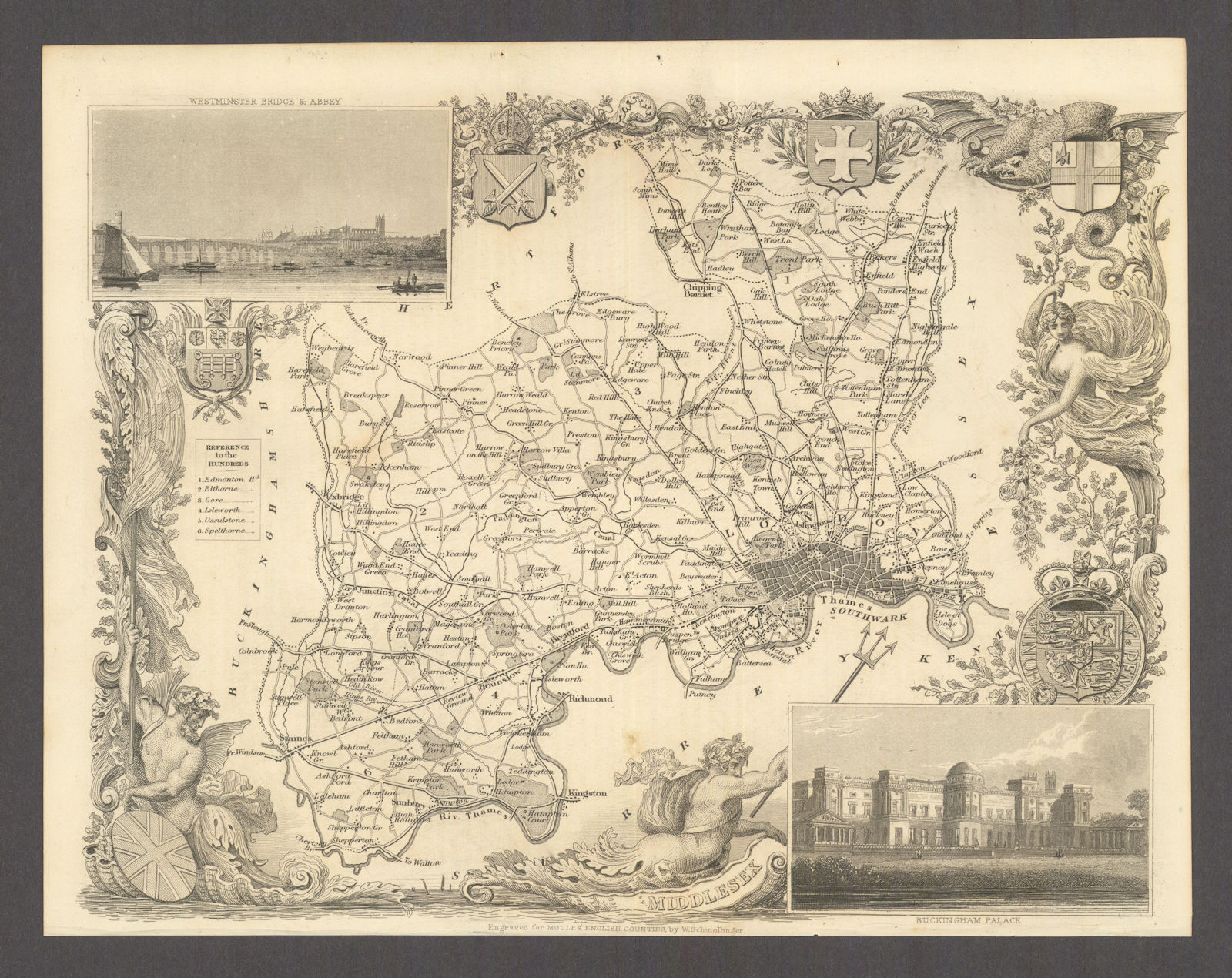 Middlesex antique county map by Thomas Moule 1837 old plan chart