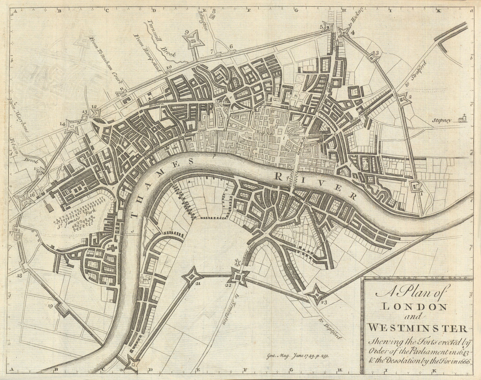 Plan of London & Westminster shewing 1643 Forts & 1666 Fire damage 1749 map