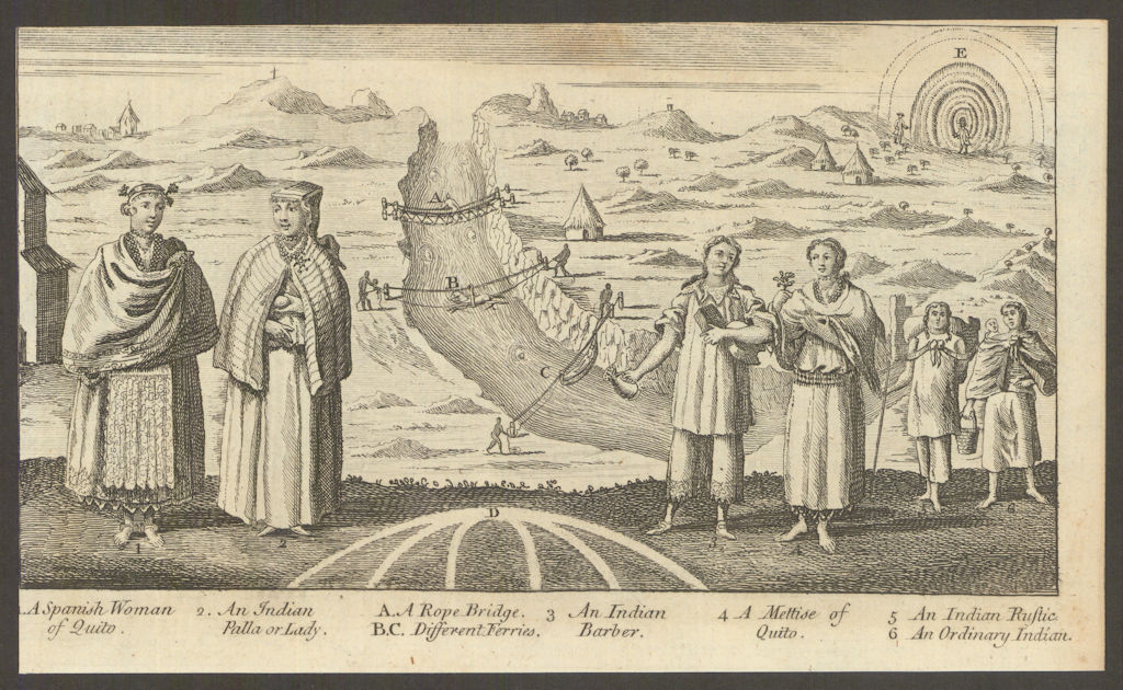 Inhabitants & dress of Peru. Rope Bridge river crossings. Quito woman 1749
