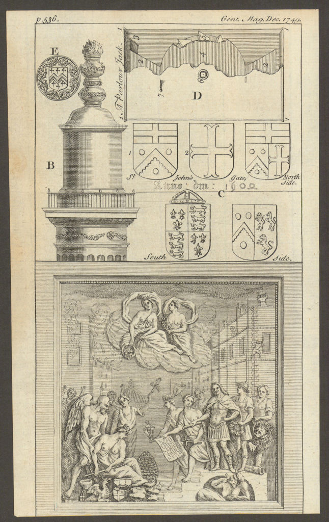 The Monument, London. Bas-relief. The top - flaming urn 1749 old antique print