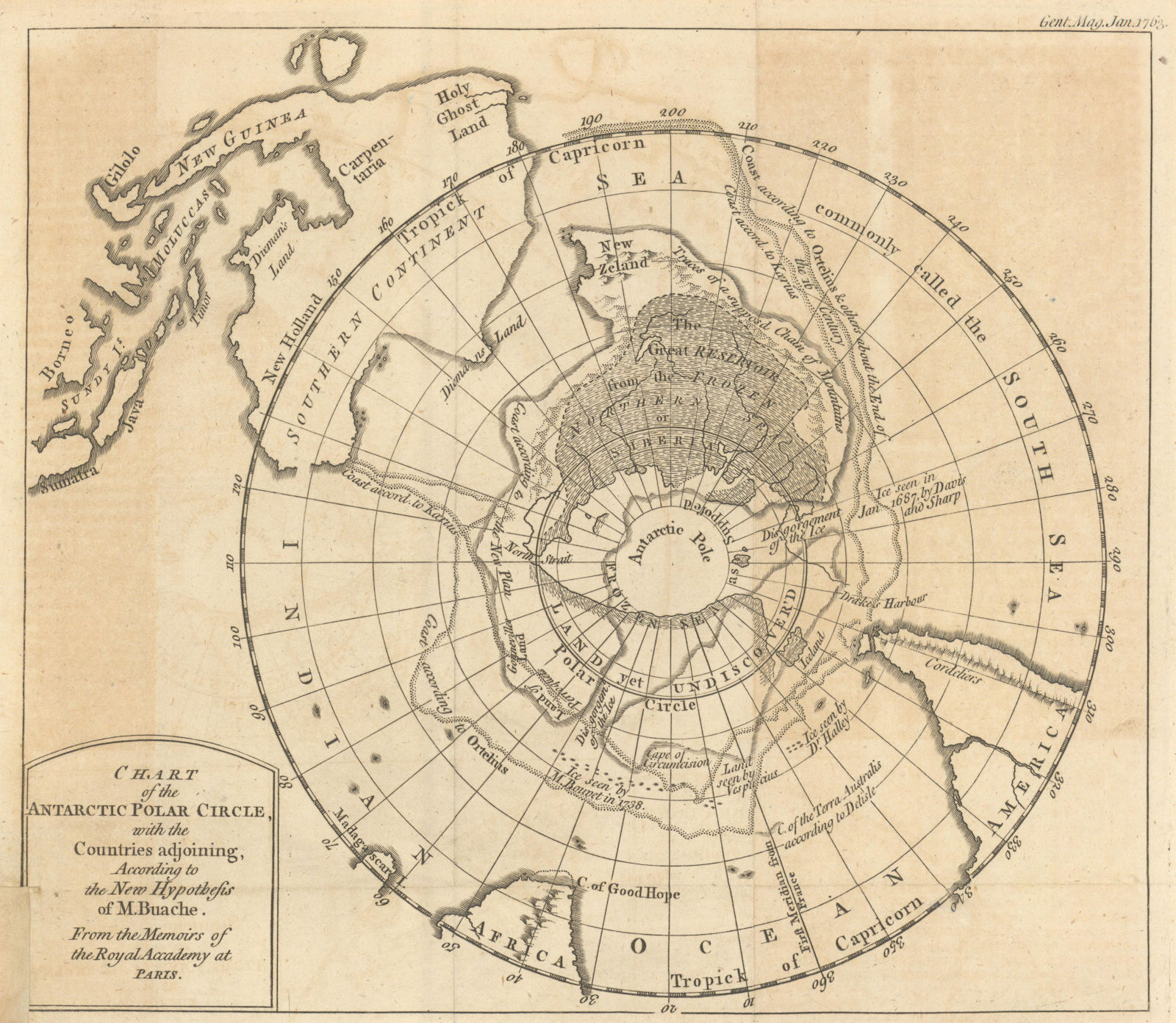 Chart of the Antarctic Polar Circle with the countries adjoining BUACHE 1763 map