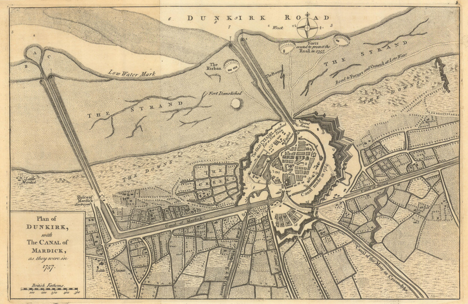 A Plan of Dunkirk, with the canal of Mardick, as they were in 1757 1763 map