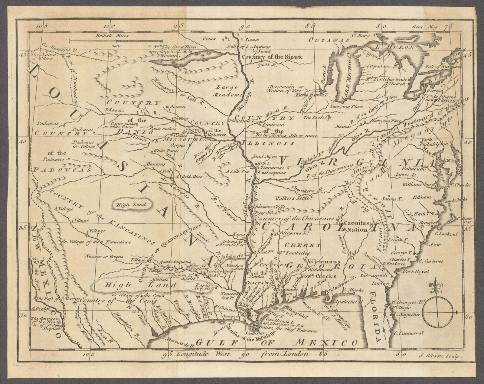 Untitled map of Louisiana, Virginia, and Carolina by John Gibson 1763 old