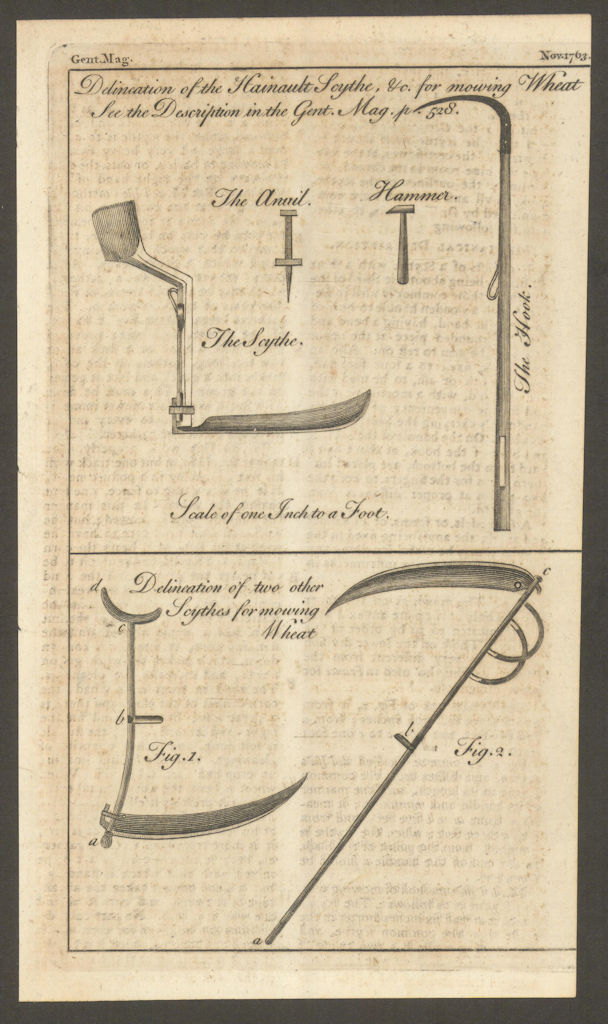 The Hainault Scythe &c. for mowing wheat. Gent's Mag 1763 old antique print