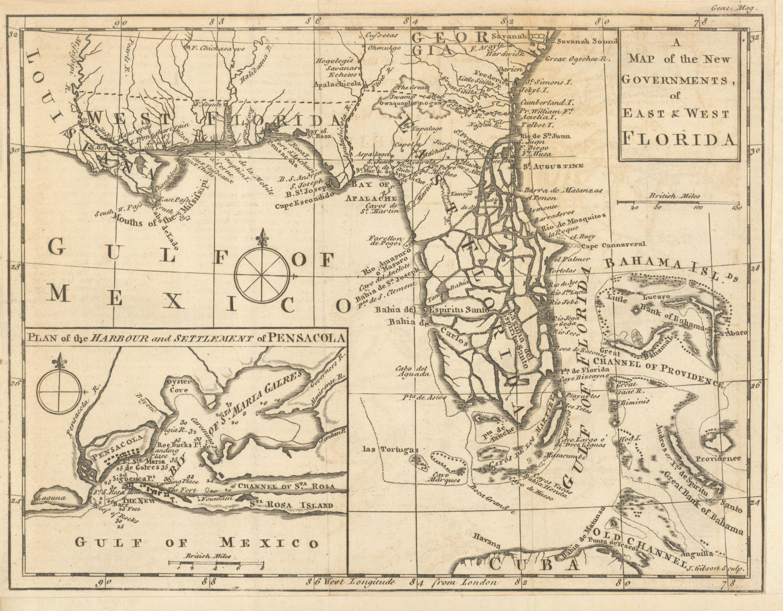 A Map of the New Governments of East & West Florida. Pensacola. GIBSON 1763