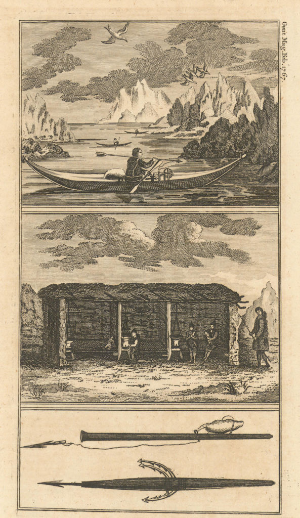 A Greenlander in his boat. His Habitation, Lance or Dart for striking Fish 1767