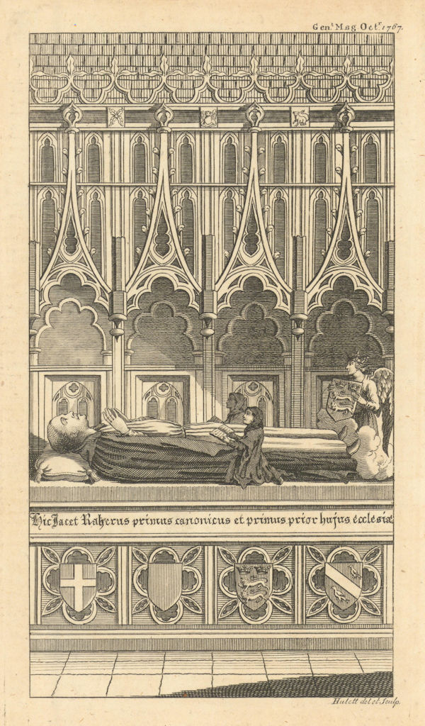 Monument to Rahere, founder of St. Bartholomew's church & hospital 1767 print