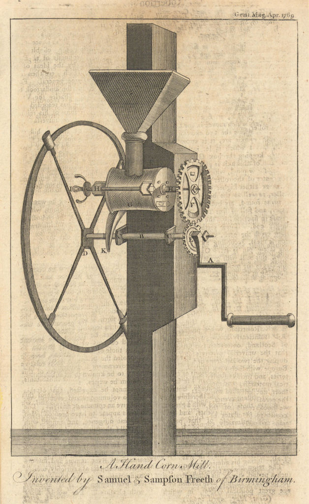 A Hand Corn Mill, invented by Samuel & Sampson Freeth of Birmingham 1769 print