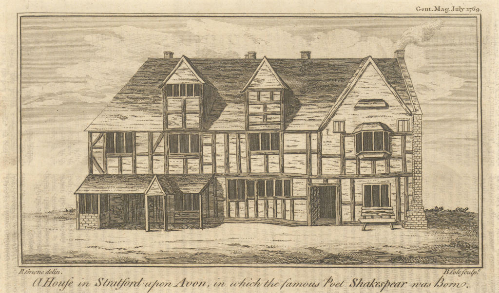 Shakespeare's Birthplace, Henley Street, Stratford upon Avon 1769 old print