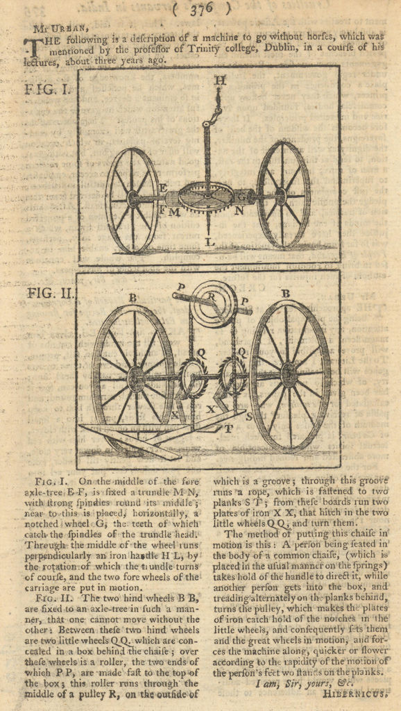 A Carriage to be set in motion by machinery. Gentleman's Magazine 1769 print