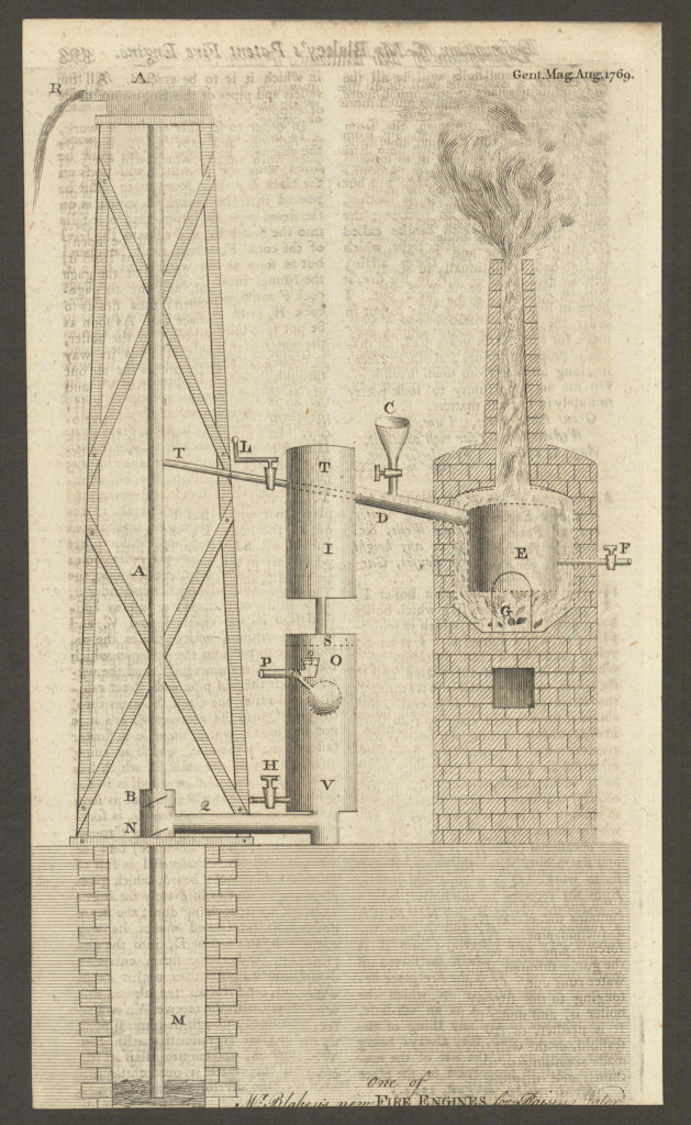 Mr. W. Blakey's new Fire Engines for raising water 1769 old antique print