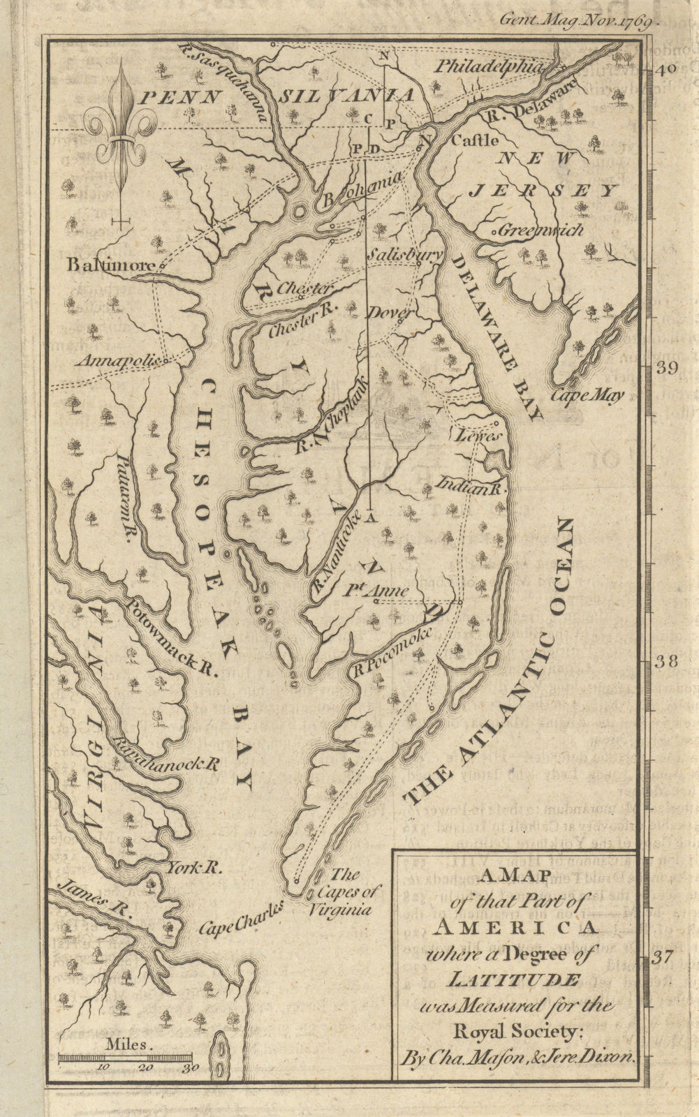 That part of America where a degree of latitude was… by Mason & Dixon 1769 map