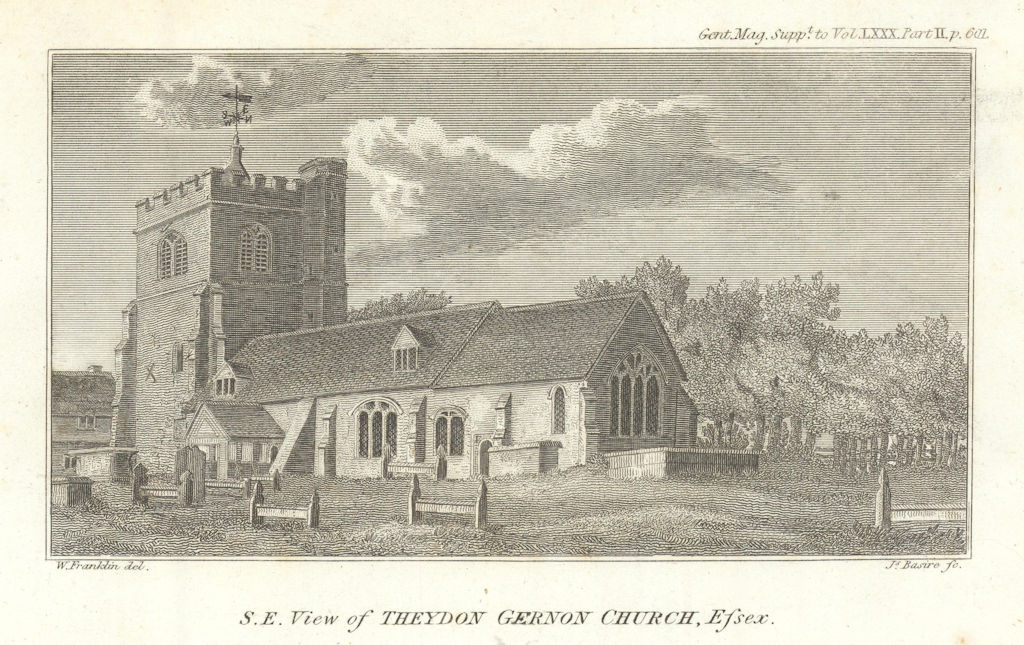 S.E. View of All Saints Church, Theydon Garnon, Essex. Gentleman's Magazine 1810
