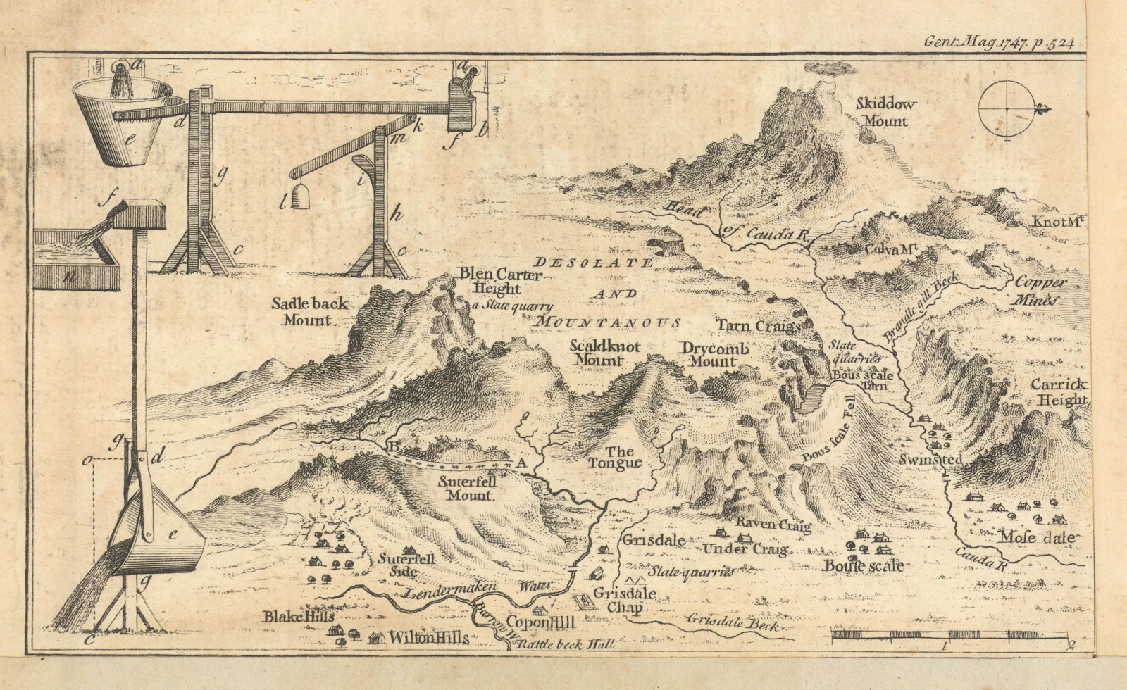 Northern Fells, Lake District. Blencathra Saddleback Skiddaw. Gents Mag 1747 map