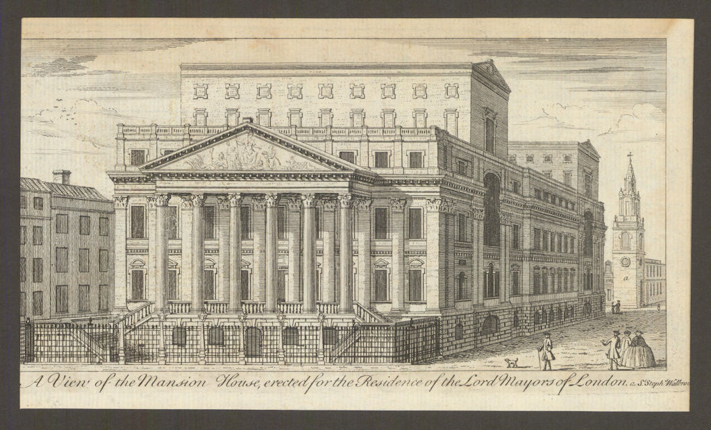 The Mansion House & St Stephen Walbrook, City of London 1748 old antique print