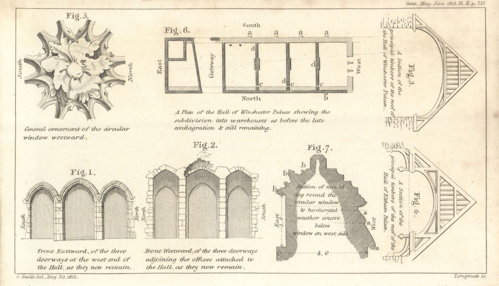 Plans, Elevations & Sections of the Remains of Winchester Palace, Southwark 1815