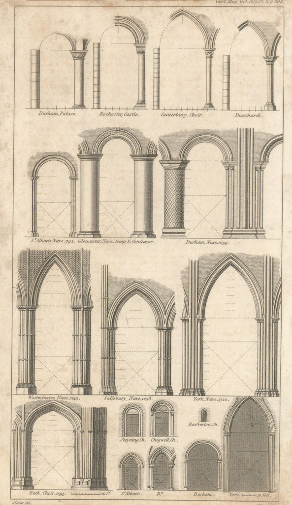 Specimens of Arches in English Buildings. Churches 1815 old antique print