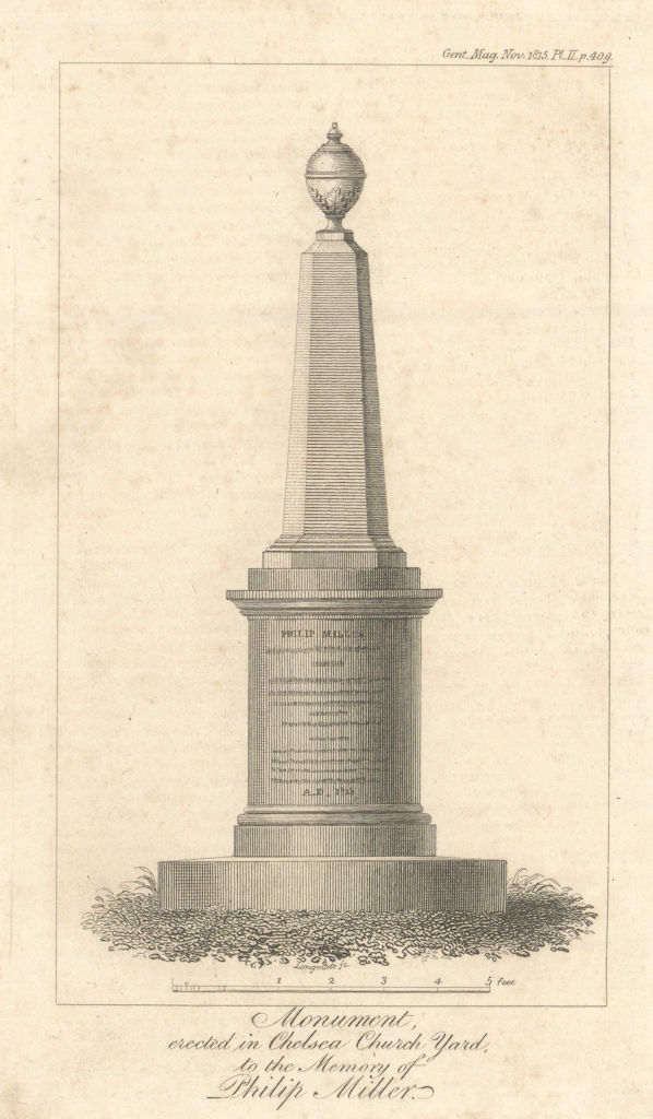 Philip Miller memorial, Chelsea Churchyard. Botanist & Gardener 1815 old print