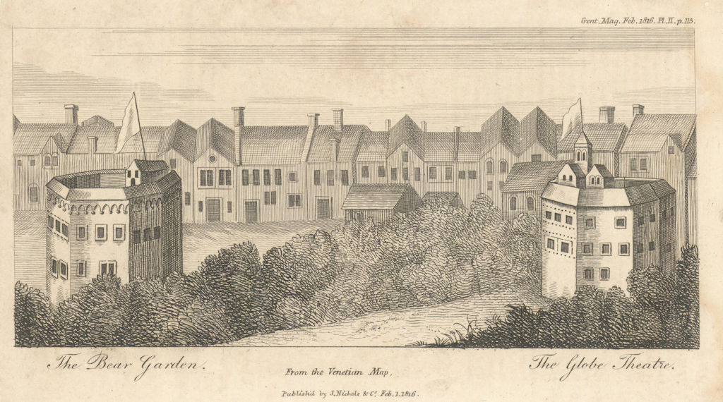 The Globe Theatre and The Bear Garden in Southwark, London 1816 old print