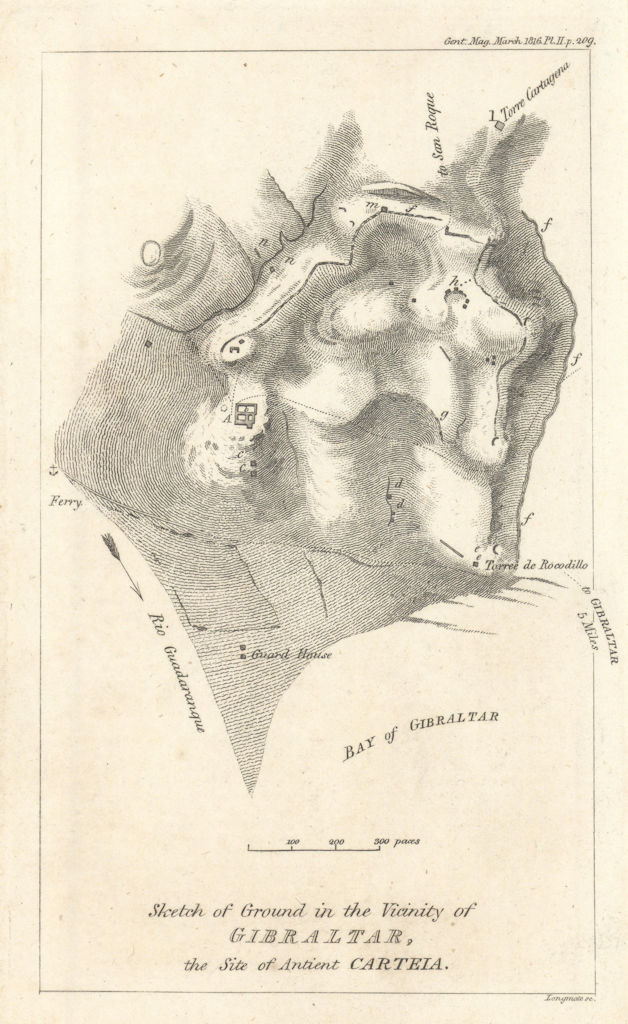 Site of Antient Carteia, near Gibraltar, Spain. Gent's Mag/Longmate 1816 map